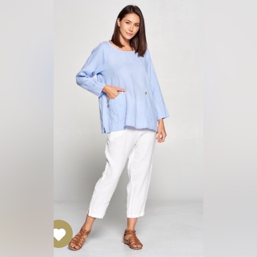 Match Point Pullover Top Linen 100% Pockets Lagenlook Oatmeal , size M